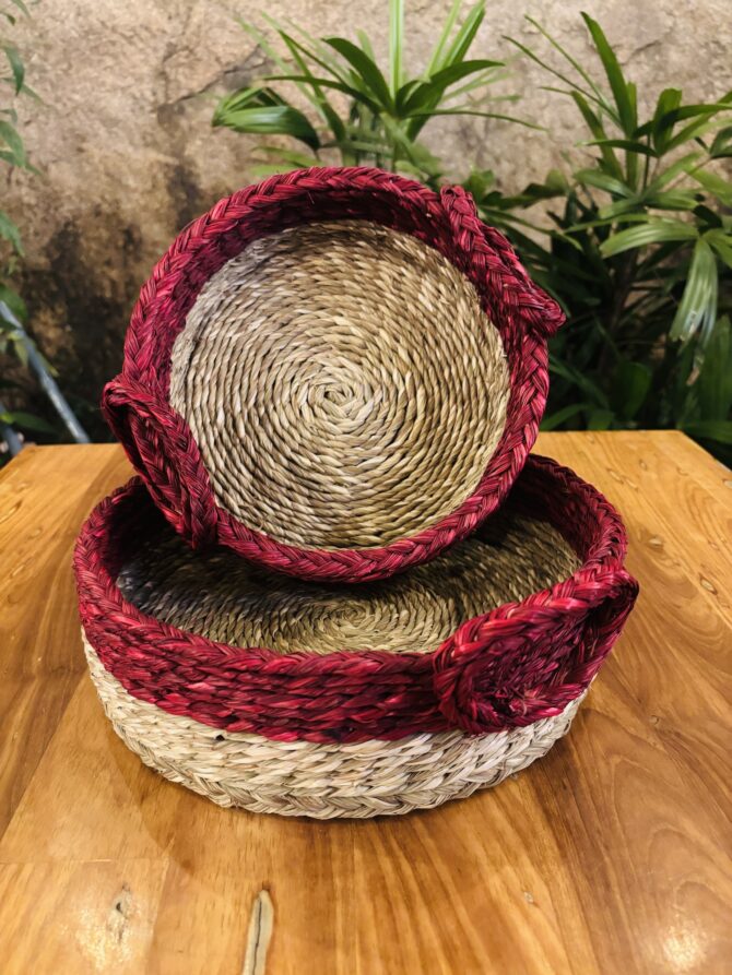 Handmade Basket with Natural Handle for serving - Natural & Red Color