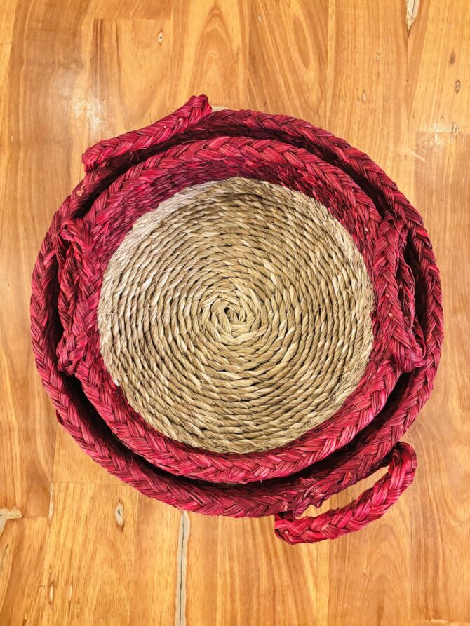 Handmade Sabai Grass Basket with a Natural Handle (Set Of 2)