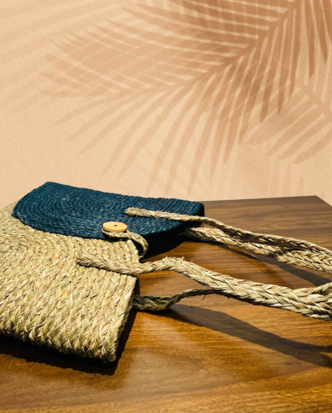 Handcrafted Sabai Grass Laptop Bag - Natural & Royal Blue