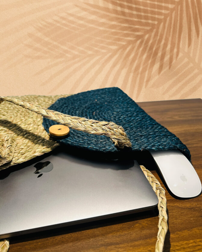 Handcrafted Sabai Grass Laptop Bag - Natural & Royal Blue