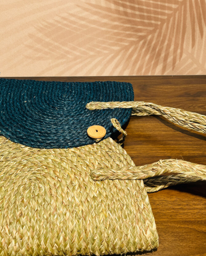 Handcrafted Sabai Grass Laptop Bag - Natural & Royal Blue