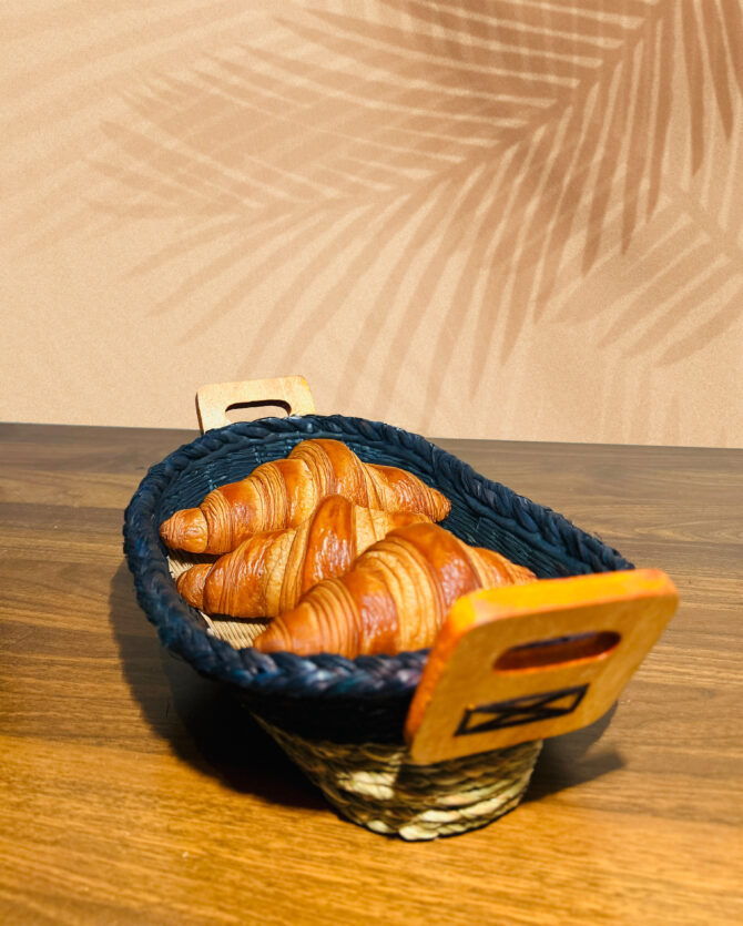 Handmade Bread Basket with Wooden Handle - Royal Blue