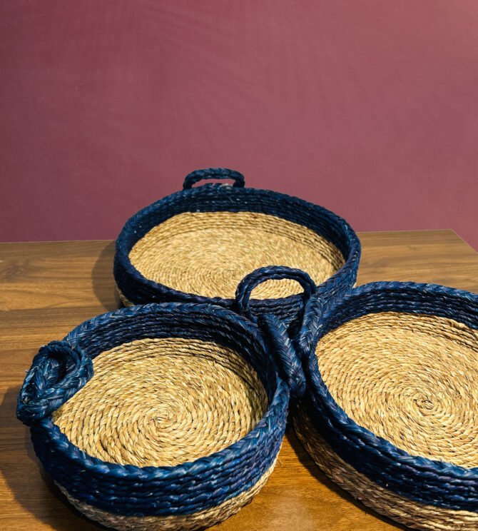 Handmade Sabai Grass Basket with a Natural Handle - Natural and Royal Blue Color