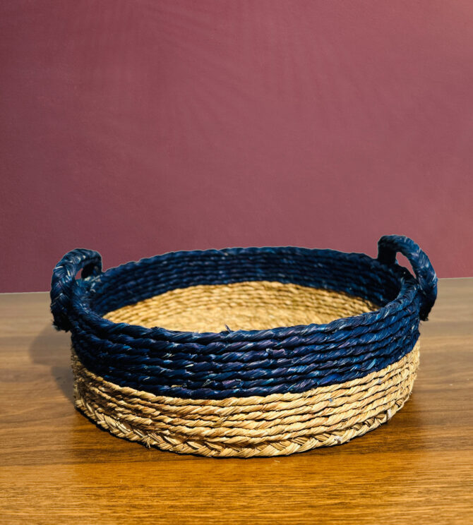 Handmade Sabai Grass Basket with a Natural Handle - Natural and Royal Blue Color