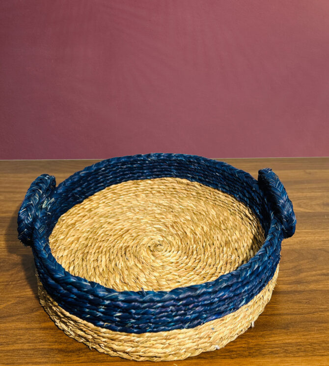 Handmade Sabai Grass Basket with a Natural Handle - Natural and Royal Blue Color