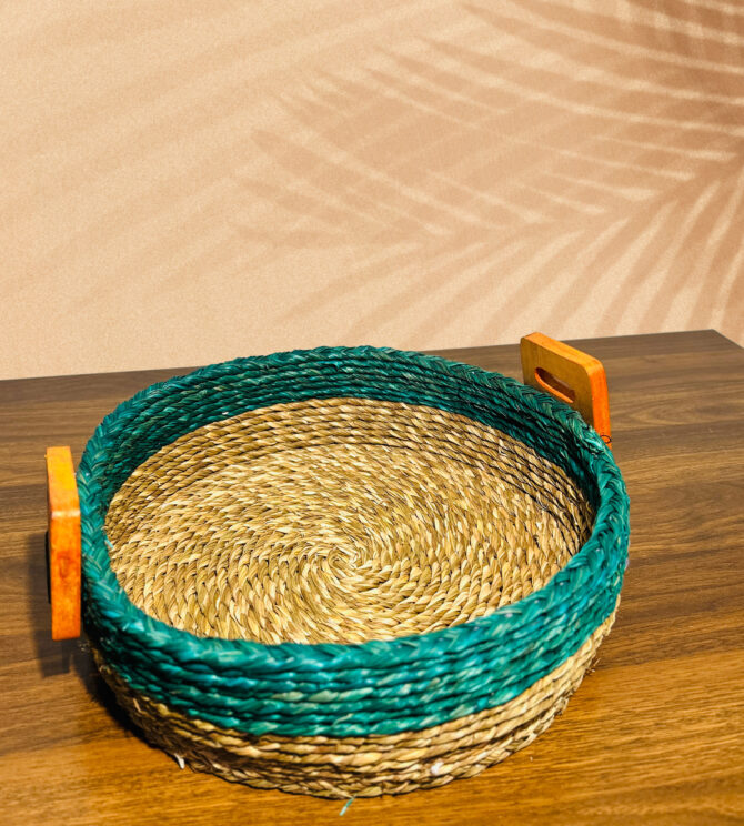 Handmade Sabai Grass Basket with a Wooden Handle - Natural and Green