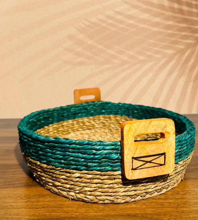 Handmade Sabai Grass Basket with a Wooden Handle - Natural and Green