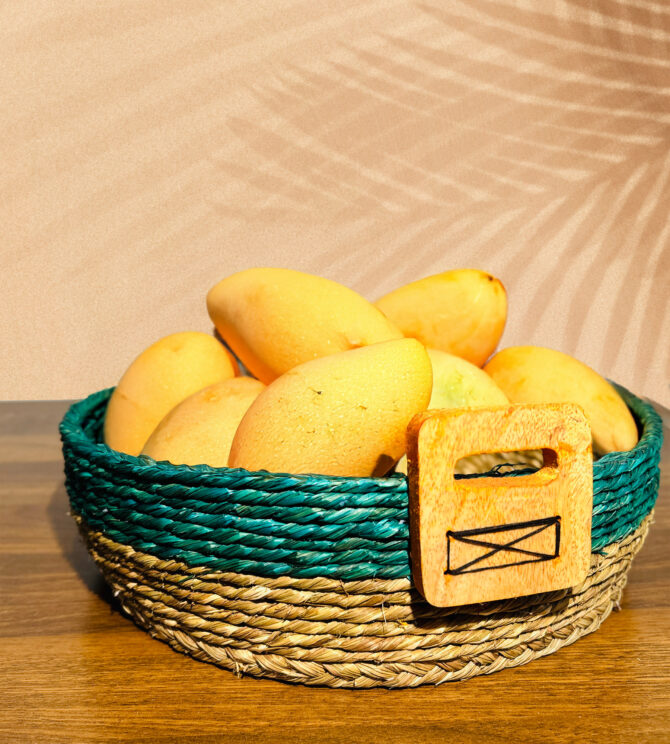 Handmade Sabai Grass Basket with a Wooden Handle - Natural and Green