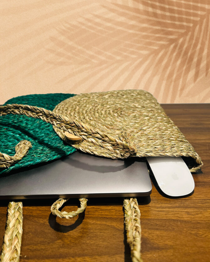 Handcrafted Sabai Grass Laptop Bag - Natural & Rich Green