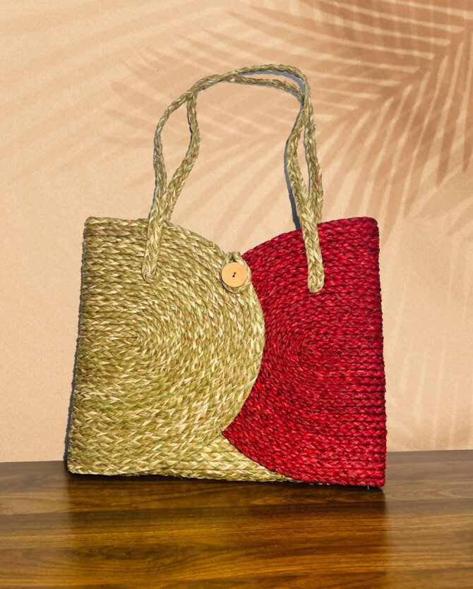 Handcrafted Sabai Grass Laptop Bag - Natural & Red Color