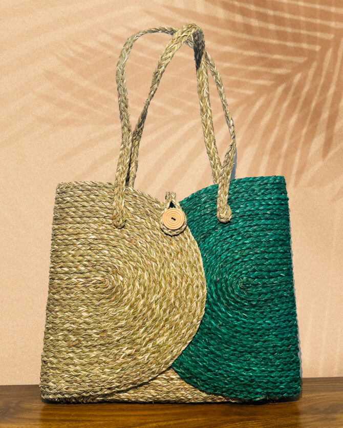 Handcrafted Sabai Grass Laptop Bag - Natural & Rich Green