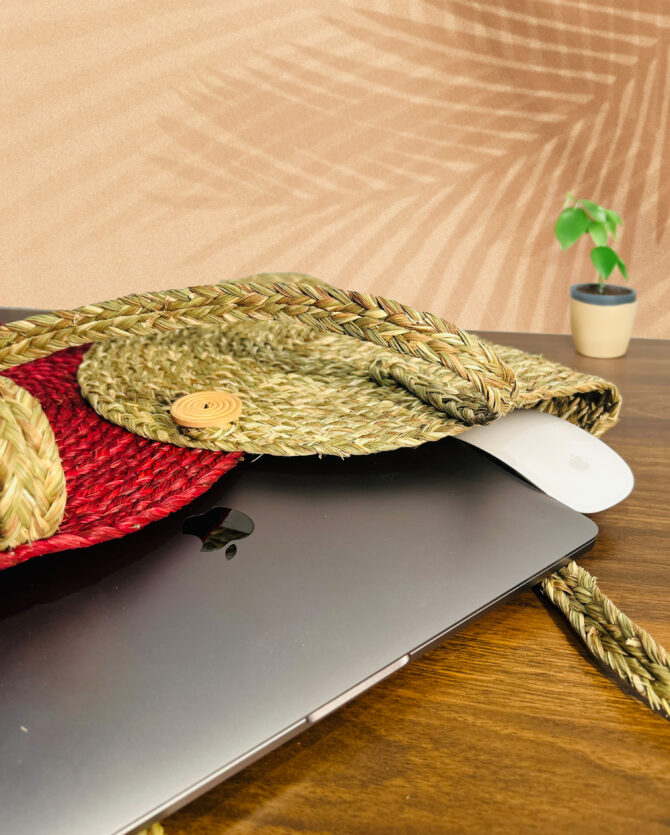 Handcrafted Sabai Grass Laptop Bag - Natural & Red Color