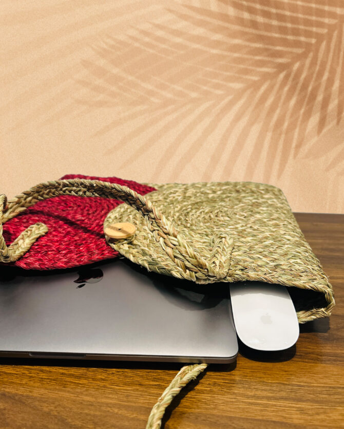 Handcrafted Sabai Grass Laptop Bag - Natural & Red Color