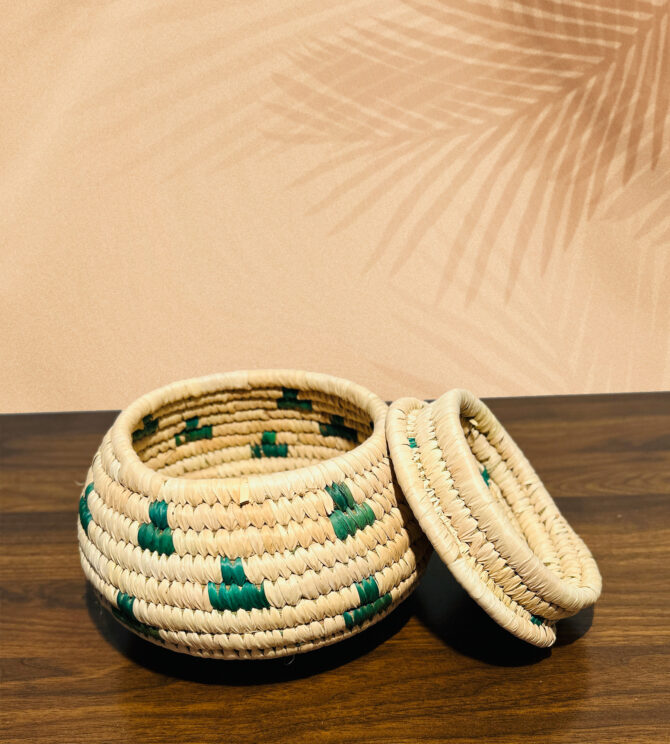 Hand Weaved Storage Box- Beige & green color