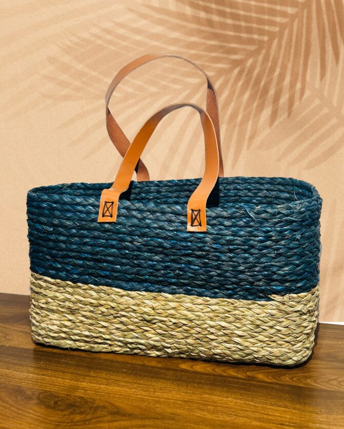 Handmade Shopping Bag - Natural & Royal blue